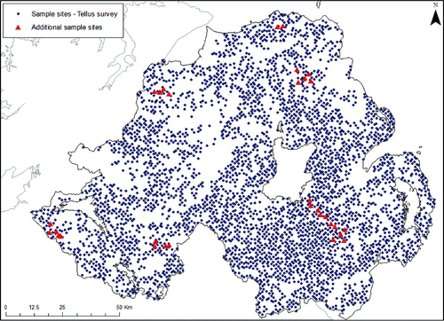 Figure 4. Soil samples taken on areas of till superficial geology during the Tellus survey. Red triangles show the location of additional soil and till samples used in the study to calculate the Chemical Index of Alteration.