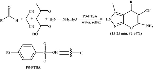 Scheme 74. Synthesis of dihydropyrano[2,3-c]pyrazole derivatives using PS-PTSA.