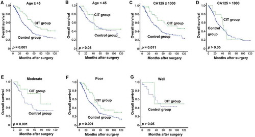 Figure 5. Subgroup analysis to estimate the beneﬁts of OS from adjuvant CIT. (A-B) CIT significantly prolonged the OS of EOC patients more than 45-y-old. Patients older than 45-y (A, n = 484) or younger than 45-y (B, n = 162) were divided and were analyzed. (C-D) CIT significantly prolonged the OS of EOC patients with CA125 ≤ 1000. Patients with CA125 ≤ 1000 (C, n = 344) or CA125 > 1000 (D, n = 271) were divided and were analyzed. (E-G) CIT significantly prolonged the OS of EOC patients with moderate to poorly differentiated tumors. Patients with moderate (E, n = 410), poor (F, n = 77) or well differentiated tumors (G, n = 26) were divided and were analyzed. For (A-G), the OS rate was evaluated by the Kaplan–Meier method and compared by the stratiﬁed log-rank test.