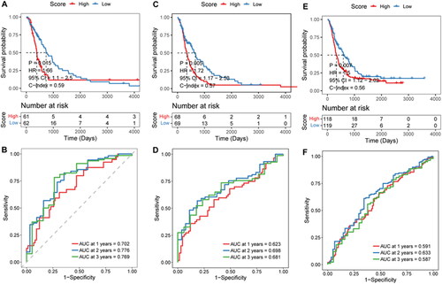 Figure 5. Effectiveness evaluation of risk score in different cohorts.A–B, Kaplan-Meier survival and time-dependent ROC analysis in the mRNA-array_301 cohort. C-D, Kaplan-Meier survival and time-dependent ROC analysis in the mRNA-array_325 cohort. E–F, Kaplan-Meier survival and time-dependent ROC analysis in the mRNA-array_693 cohort.