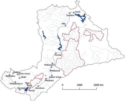 Figure 2. Locations of river gauging stations on the River Awash and its headwater tributaries; polygons inside the basin denote closed surface water sub-basins; most river flow originates from the Upper Awash Basin, upstream of Lake Koka in the southwest