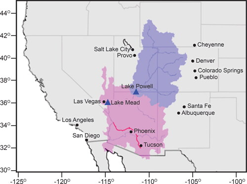 Figure 2 The binational Colorado River basin. The upper and lower basins are displayed in blue and pink colors, respectively.