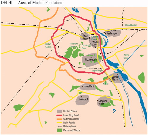Figure 1. Muslim zones in Delhi, 2001. Source: Adapted and drawn by author from Syed Shahabuddin, Demography of Muslim India: An Analysis of 2001 Census Data (Delhi: Indian Institute of Minority Affairs, 2005), p. 8.