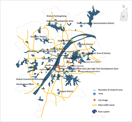 Figure 1. Research range and distribution of city images in Wuhan.