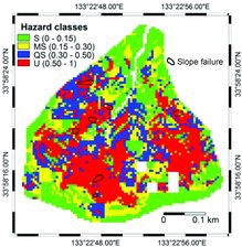 Figure 14. Slope failure hazard zonation map of Higashifukubegawa catchment (deterministic model).