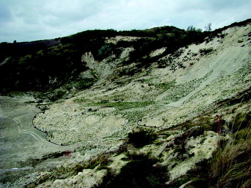 Figure 3. Thrust fault in the earth-flow source area. Linework shows the position of the mapped thrust fault. Thrust fault is about 100-m long at this location.