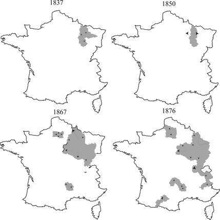 Figure 2 Example of the mutation of the level set 90%–100% in northeastern France (to be found again on Figure 3).