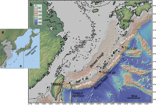 Figure 1. Topography map of the Japanese Archipelago (A) and Ryukyu Islands (B) with the estimated coastlines 35,000–32,000 years ago (figure created using the GeoMapApp 3.6.10 software: https://www.geomapapp.org).
