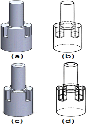 Figure 17 (a) Solid and (b) wireframe view of the part at the preliminary design stage. (c) Solid and (d) wireframe view of the part at the detail design stage.