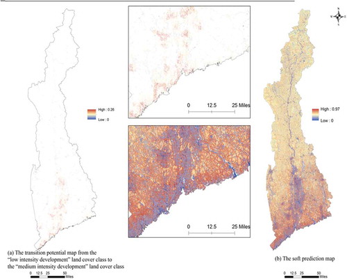 Figure 3. (a) The transition potential map from the ‘low-intensity development’ land use/cover class to the ‘medium-intensity development’ land use/cover class and (b) the soft prediction map.