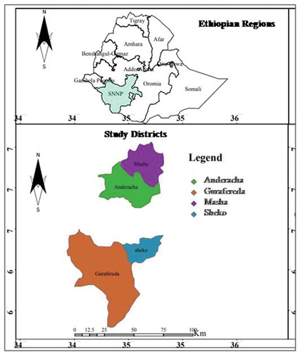 Figure 1. Map showing study districts in southwestern Ethiopia.