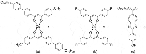 Figure 1. Materials thought to exhibit biaxial nematic phases (a), and discotic-lamellar phases (b and c).