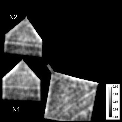 Figure 13. The maps of (3 1 1) Bragg edge height (parameter C2) obtained by fitting Equation (3) to the measured data. Fitted map of parameter σ is not shown as it was too noisy due to lower neutron counting statistics for that edge. The height of the edge C2 is calculated with 0.55 × 0.55 mm running average of the spectra.