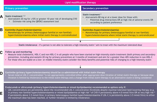 Figure 2 Summary of UK lipid modification guidance relating to the use of: (A) statins and (B) ezetimibe for the primary and secondary prevention of cardiovascular disease; (C) procedures for statin intolerance/follow up and monitoring; (D) ezetimibe co-administered with statin therapy and (E) additional options- evolocumab or alirocumab. [Adapted from NICE CG181, NICE pathway, SIGN 149].Citation4,Citation9,Citation43