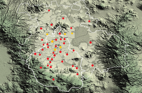 Figure 4. All stations available in RAMA (red) and stations used in this work (yellow) (RAMA Citation2021).