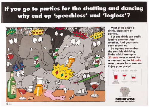 Figure 3. ‘If you go to parties for the chatting and dancing why end up “speechless” and “legless”?’ HEA/Alcohol Concern, 1990. Image courtesy of the Science Museum Group. This image is released under a Creative Commons Attribution-NonCommercial-ShareAlike 4.0 Licence.