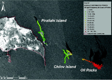 Figure 15. Map of oil leak sources at Oil Rocks, Chilov and Pirallahi Islands based on the oil spill frequency 2006–2010.