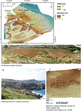 Figure 7. (A) Ta' Randa solution sinkhole; (B) Il-Mansap bedrock collapse sinkhole; (C) submerged bedrock collapse sinkholes located on Sikka Il-Bajda reef.