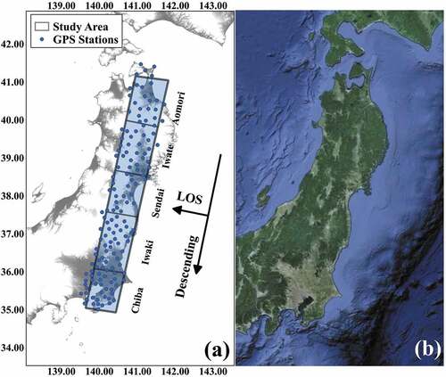 Figure 1. (a) Study areas, showing the SAR images and GPS stations, base map is a gray shade Digital Elevation Model (DEM), (b) Google earth image showing the vegetation cover.