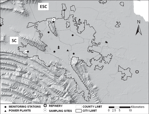 Figure 2. Map of the MMA with the location of the sampling sites (ESC and SC), the monitoring stations, the power plants, and the oil refinery.