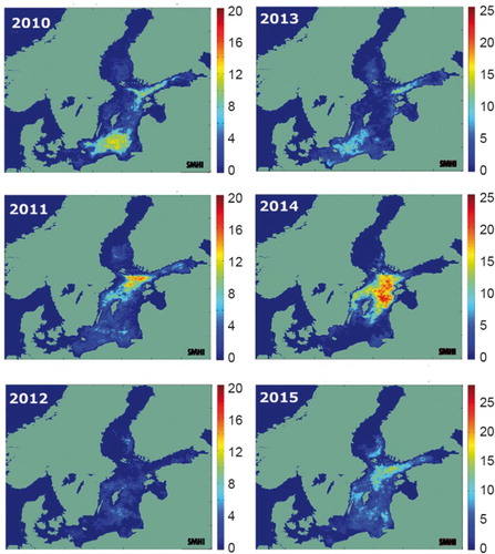 Figure 55. Number of days of satellite observations of cyanobacteria surface accumulations in June–August 2010–2015. The observations are based on a combination of Aqua-MODIS (NASA, https://modis.gsfc.nasa.gov/) (2010–2015) and EnviSAT-MERIS (2010–2011, https://earth.esa.int), figure from Öberg (Citation2015).