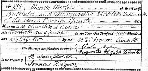 Figure 9. Parish register entry for the marriage of Charles Merlin, St Olave, Southwark, 20 June 1782 (St Olave, Bermondsey, Composite register: marriages, banns, P71/OLA, item 025); reproduced by permission of The City of London, Metropolitan Archives.