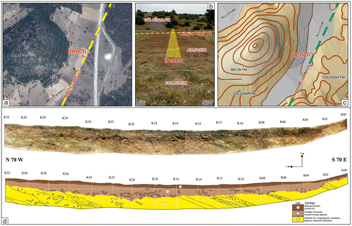 Figure 8. (a) Satellite image of the trench site. Yellow dashed line indicates supposed Kibyra Fault. (b) Trench direction and geological units in the trench site. Yellow dashed line indicates supposed Kibyra Fault. (c) Simplified geological map and digital elevation model of the trench site. Green dashed line indicates supposed Kibyra Fault. (d) Northern wall of the trench (Coordinate: 37°13′11.45″N 29°31′55.35″E).