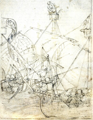 Figure 15. The drawing probably depicts a battle that took place in the Seine estuary in 1416 but was made towards the end of the same century. The clinker-built French ship to the right reveals the same arrangement of wales and standards as the Riddarholmen Ship. Note the pivot-hung, wrought iron cannons amidship on the English ship to the left. (Beauchamp Pageant MS, Cotton Julius E. IV Art.6f.18v, reproduced with permission).