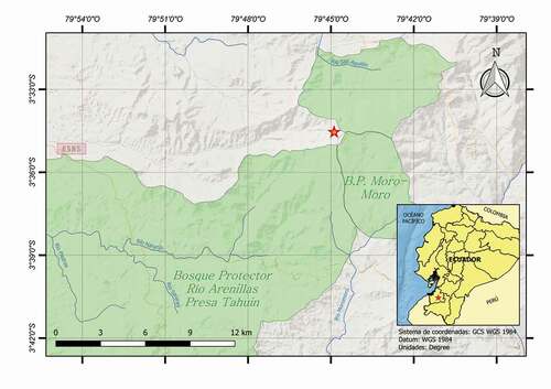 Figura 1. Localidad de registro de las observaciones de Chironius monticola en la provincia de El Oro, suroccidente del Ecuador. Elaborado por A. Rodríguez