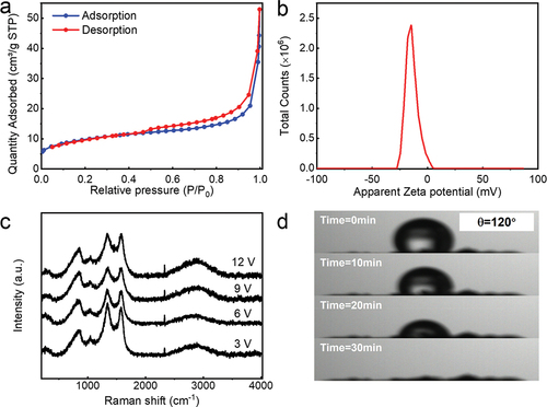 Figure 2. Property characterizations of the rGO/PPy materials. (a) N2 adsorption-desorption isotherm and (b) measured zeta potential of the rGO/PPy. (c) Raman spectra of the electro-deposited rGO/PPy under different bias voltage. (d) Time-dependent water contact angle on the hydrophobic treated rGO/PPy surface.