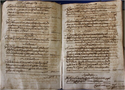 Figure 1. First page of the ‘special ledgers’ reporting the accounts for the construction of the new church and palace of the Pio Monte della Misericordia.Source: ASPMM: cat. A Fondazione - rubr. a Fondazione, n. V, vol. 9, registro 1 dei ‘Conti di spese di fabbrica della Chiesa e locale del Pio Monte’, f. 1.