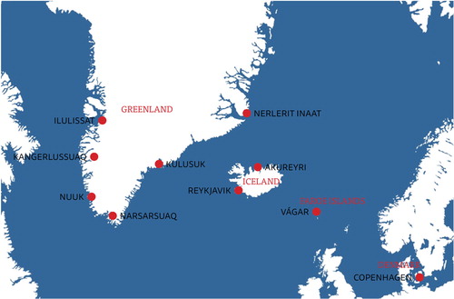 Fig. 1.  Map of Greenland, Iceland and Faroe Islands showing major airports.
