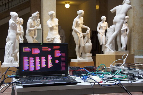 Figure 4. Dave Griffiths, Alex McLean and Ellen Harlizius-Klück, documentation of preparations for a live coding performance at the Museum für Abgüsse Klassischer Bildwerke (Museum for Plaster Casts of Classical Sculptures), Munich, 2015. Photo: Emma Cocker. Courtesy of the artists.