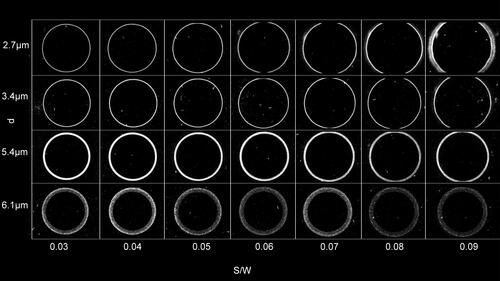 Figure 8. Experimentally obtained ring deposition patterns for a range of S/W and d. Note that at any given S/W the ring diameter D decreases with particle diameter d (and hence with Stk). Note also that for the fixed range of particle diameters considered here, D shows the maximum range for the largest S/W, indicating that, for the parameter space explored here, detectivity should increase with S/W.