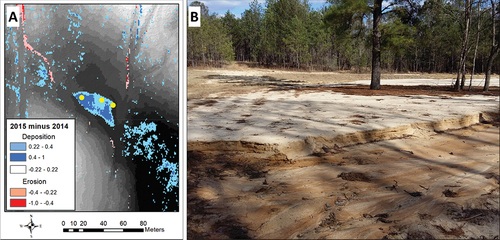 Figure 11. A) Lidar change detection model of the Free Maneuver Area (south). Reference points used for validation are shown in yellow with erosion/deposition in m; B) sandy deposition in Free Maneuver Area (south).