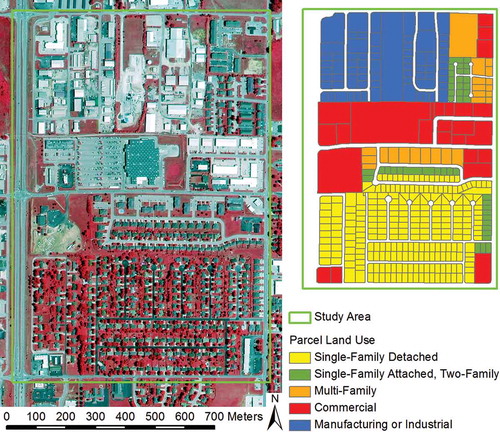 Figure 3. Color infrared NAIP image for the study area and the corresponding parcel land use.