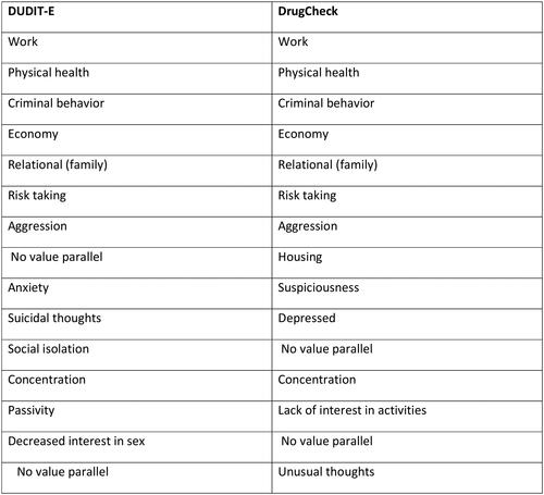Figure 1. Comparison DUDIT-E and DrugCheck items on domains affected and type of problems.