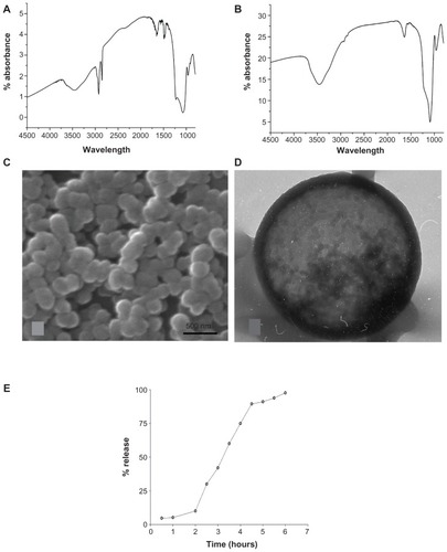 Figure 1 Characterization of silica nanoparticles. (A) Fourier transform infrared spectroscopy (FT-IR) spectra of mesoporous silica nanoparticles (MSNPs) before removal of hexadecyl trimethyl ammonium bromide (CTAB) template, showing the C–H stretch of the alkyl chains of CTAB at 2750 cm−1. (B) FT-IR of MSNPs after the removal of CTAB template with acidic methanol washing. (C) Scanning electron microscopy image of MSNPs showing the homogeneous shape and diameter. (D) Transmission electron microscopy image of MSNP showing homogeneous displacement of parallel channels. (E) Release of fluorescein-5(6) isothiocyanate-bovine serum albumin from MSNPs. A delay of ~1.5 hours is observed due to the interaction of the bovine serum albumin with the silica scaffold of the nanoparticle.
