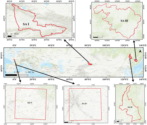 Figure 1. Geographic location of the five study areas. Study area I is located in northwestern China, study area II and study area III are located in northeastern China, study area IV is located in southern France, and study area V is located in west-central France. The bottom image is World_Topo_Map. The red boundary is the geographic boundary of the study area.