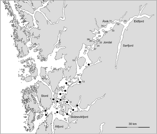 Figure 1. Map of the Hardangerfjord with investigated locations. Filled circles indicate stations where videos have been quantitatively analysed. Analysis of observations made in the field have been based on all stations.