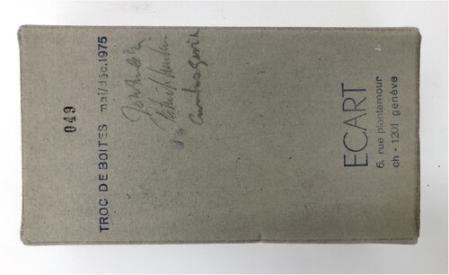 Fig. 4 The bottom of one of the Troc de Boîtes boxes (no. 49) assembled by Ecart which remained in the Ecart Archives. Signed by John M. Armleder, Patrick Lux Luccini and Carlos Garcia. © Archives Ecart, Genève.