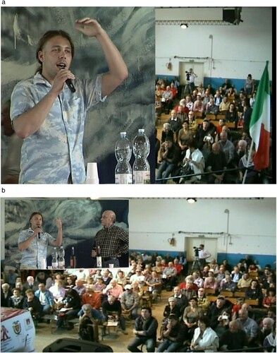 Figure 7. Split screen (7A) and picture-in-picture (7B) images used for the videographic analysis. The two duelling poets are Enrico Rustici and Pietro De Acutis, shown during an improvised contrasto (Ribolla 2011).