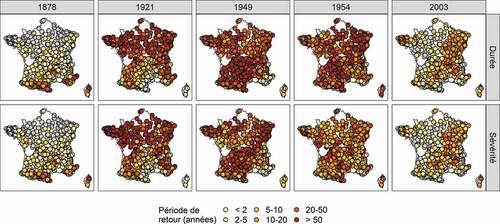 Figure 7. Valeurs médianes de la période de retour (en années) pour la durée et la sévérité pour les évènements de 1878, 1921, 1949, 1954 et 2003. En gris, les stations non concernées par l’évènement.