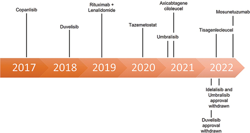 Figure 1 Timeline of the approval and withdrawal of the agents for the treatment of relapsed and refractory follicular lymphoma.