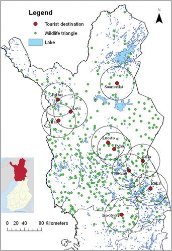 Figure 1. Locations of the studied tourist destinations (red circles). The study area around each destination is represented as a circle with a radius of 40 km. The established wildlife triangles in the study are represented by small green circles.