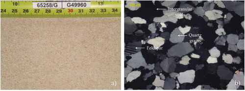 Figure 7. a) Stone appearance and b) micrographic details using cross-polarized light.