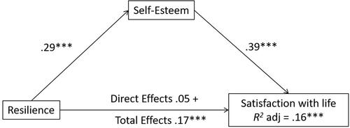 Figure 1 Mediating role of self-esteem in the relationship between resilience and satisfaction with life.