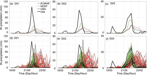 Fig. 5 The evolution of 6-h domain-averaged rainfall forecast over D01 (a and d), D02 (b and e) and D03 (c and f) from the ensemble mean (a–c) and individual ensemble member (d–f) of ECMWF (red), NCEP (green) and CMA (black). The heavy black line in each panel denotes the corresponding observations.