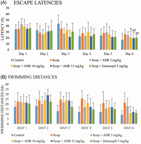 Figure 4. The effect of AHR on escape latencies (A) and swimming distance (B) during the training-trial sessions of the Morris water maze task in mice with scopolamine-induced memory dysfunction. Data are presented as mean ± SEM (n = 10 per group). Significant difference from day 1 (#p < 0.01, ##p < 0.05, respectively).