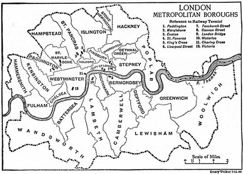 Figure 1. Prior to the 1963 London Government Act, London was divided into 28 London Metropolitan Boroughs plus the City of London. Today we have 32 London Boroughs. Copyright: Emery Walker Trust, found on historytoday.com.